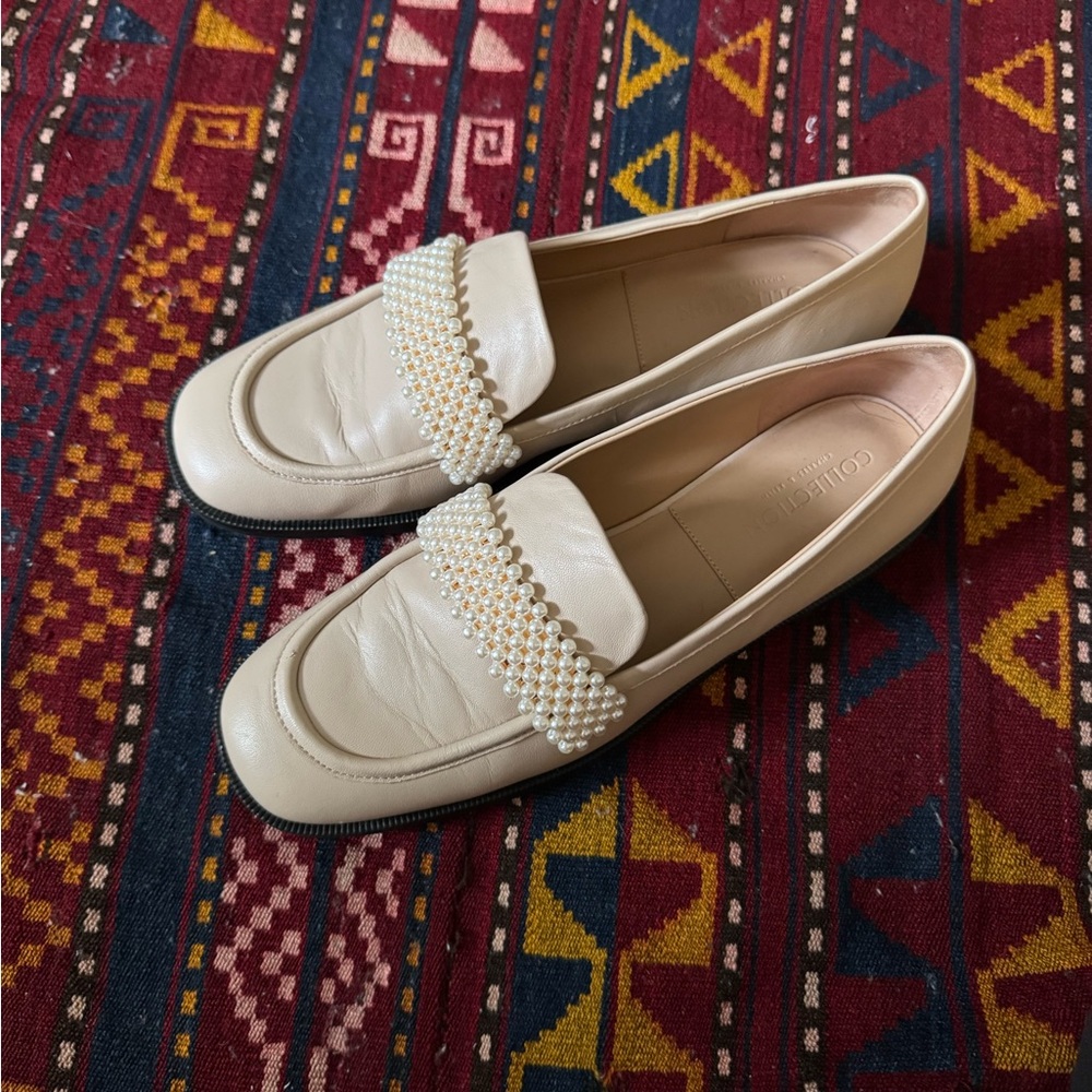 Charles & Keith square toe, pearl embellished flats / loafers